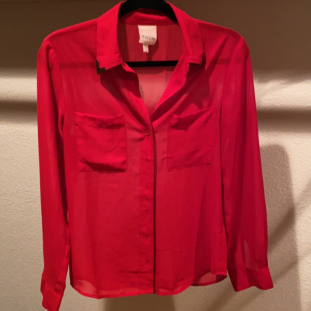 Red Sheer Western Collar Button Down Blouse Size S